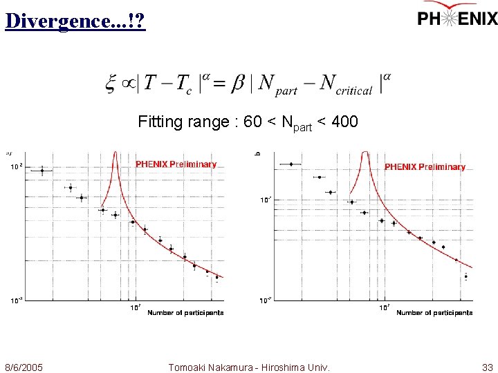 Divergence. . . !? Fitting range : 60 < Npart < 400 8/6/2005 Tomoaki