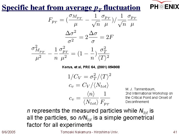 Specific heat from average p. T fluctuation Korus, et al, PRC 64, (2001) 054908