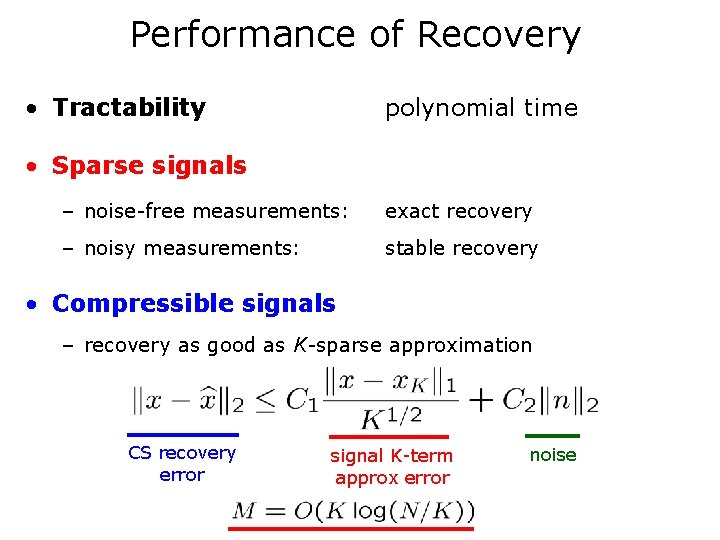 Performance of Recovery • Tractability polynomial time • Sparse signals – noise-free measurements: exact