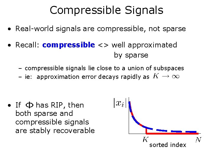 Compressible Signals • Real-world signals are compressible, not sparse • Recall: compressible <> well