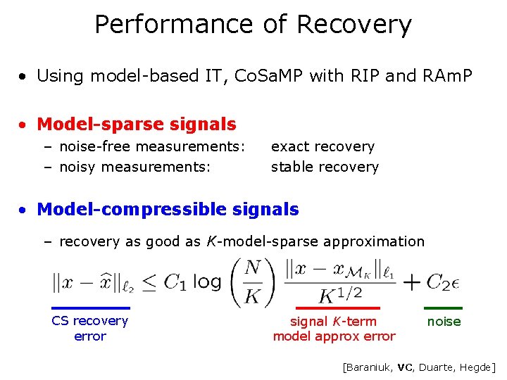 Performance of Recovery • Using model-based IT, Co. Sa. MP with RIP and RAm.