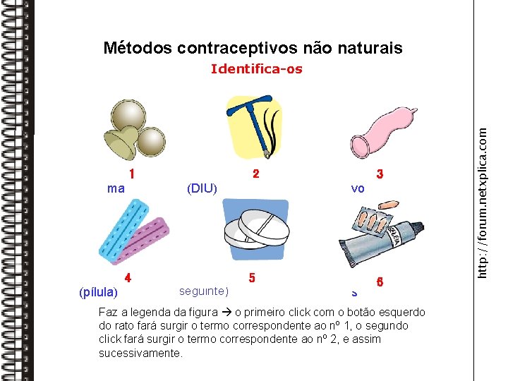 Métodos contraceptivos não naturais Diafrag 1 ma Hormonas 4 (pílula) Dispositivo intra-uterino 2 (DIU)