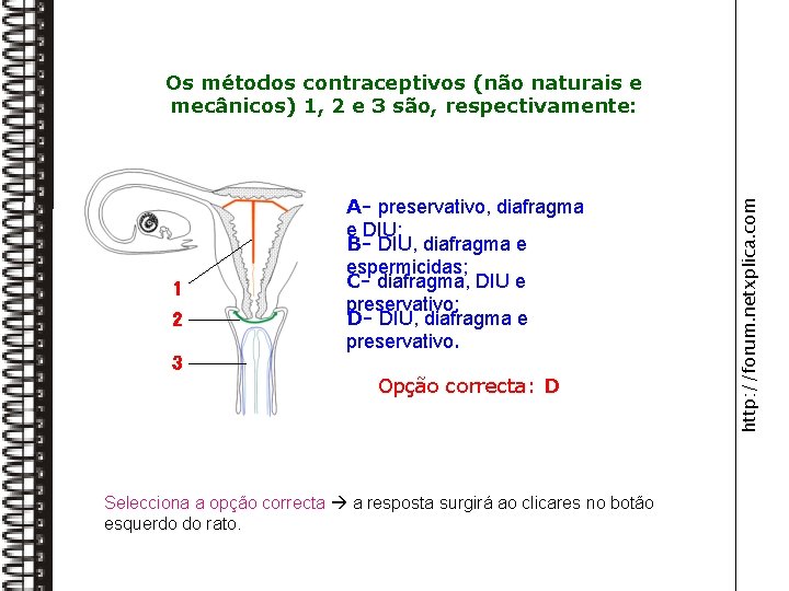 1 2 3 A- preservativo, diafragma e DIU; B- DIU, diafragma e espermicidas; C-