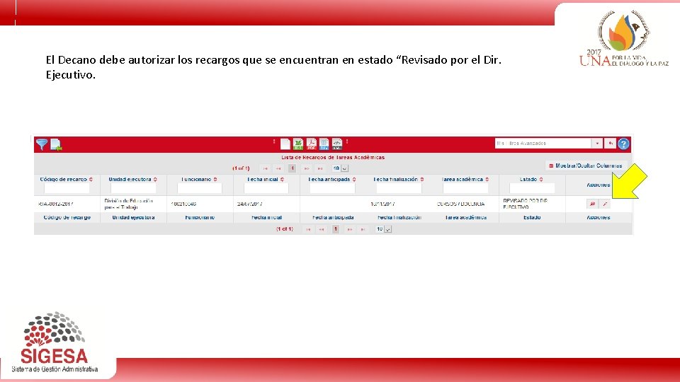 El Decano debe autorizar los recargos que se encuentran en estado “Revisado por el