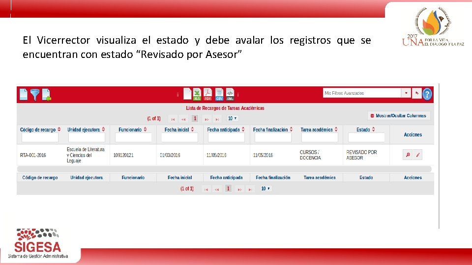 El Vicerrector visualiza el estado y debe avalar los registros que se encuentran con
