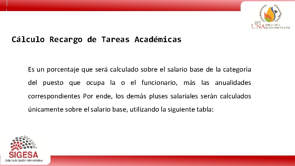 Cálculo Recargo de Tareas Académicas Es un porcentaje que será calculado sobre el salario