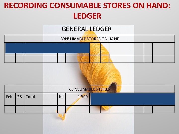 RECORDING CONSUMABLE STORES ON HAND: LEDGER GENERAL LEDGER CONSUMABLE STORES ON HAND Feb 28