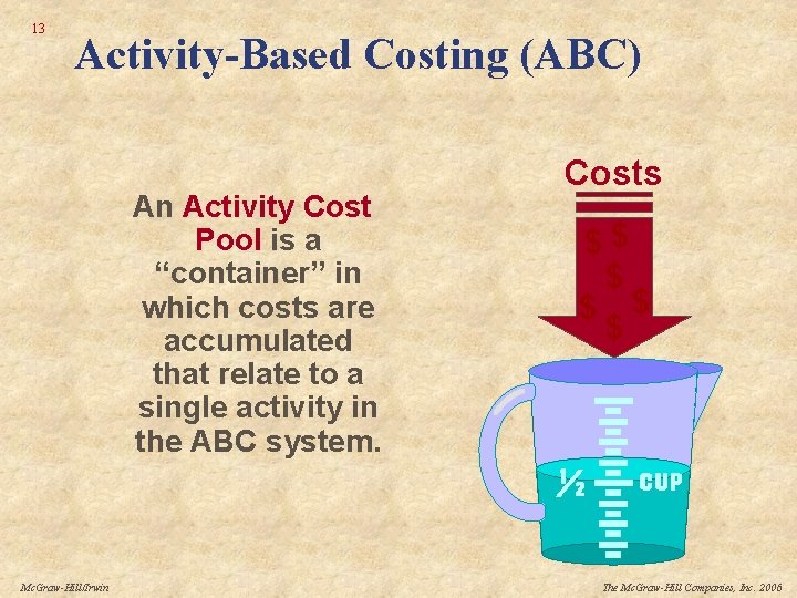 13 Activity-Based Costing (ABC) An Activity Cost Pool is a “container” in which costs