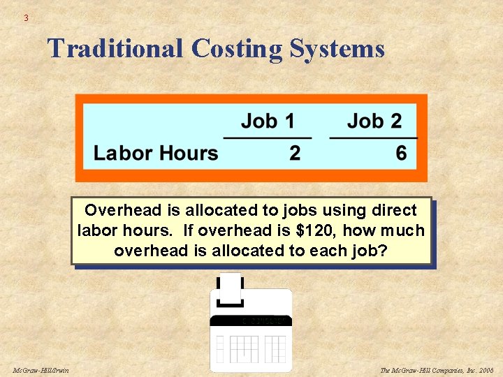 3 Traditional Costing Systems Overhead is allocated to jobs using direct labor hours. If