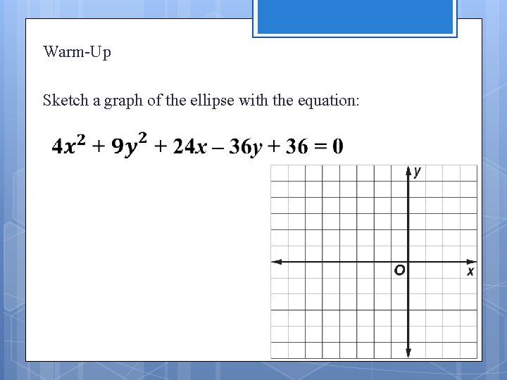 Warm-Up Sketch a graph of the ellipse with the equation: 