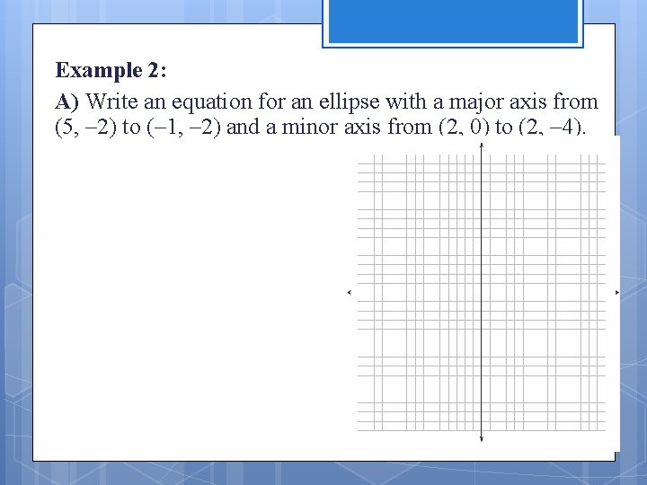 Example 2: A) Write an equation for an ellipse with a major axis from