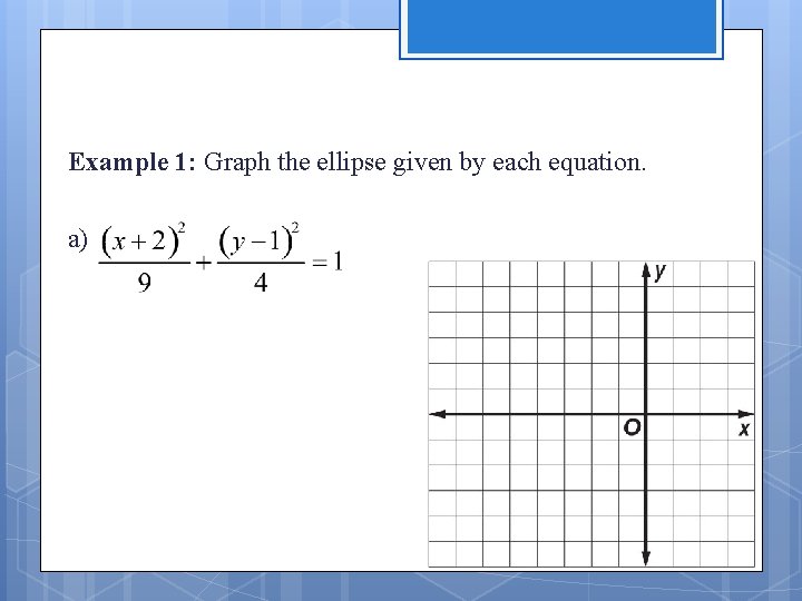 Example 1: Graph the ellipse given by each equation. a) 