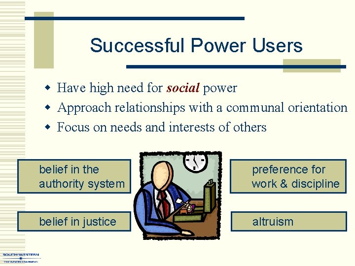 Successful Power Users w Have high need for social power w Approach relationships with