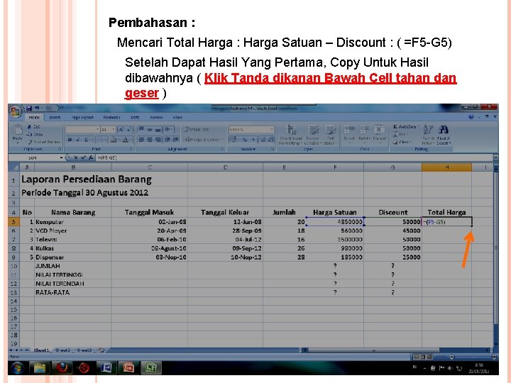Pembahasan : Mencari Total Harga : Harga Satuan – Discount : ( =F 5