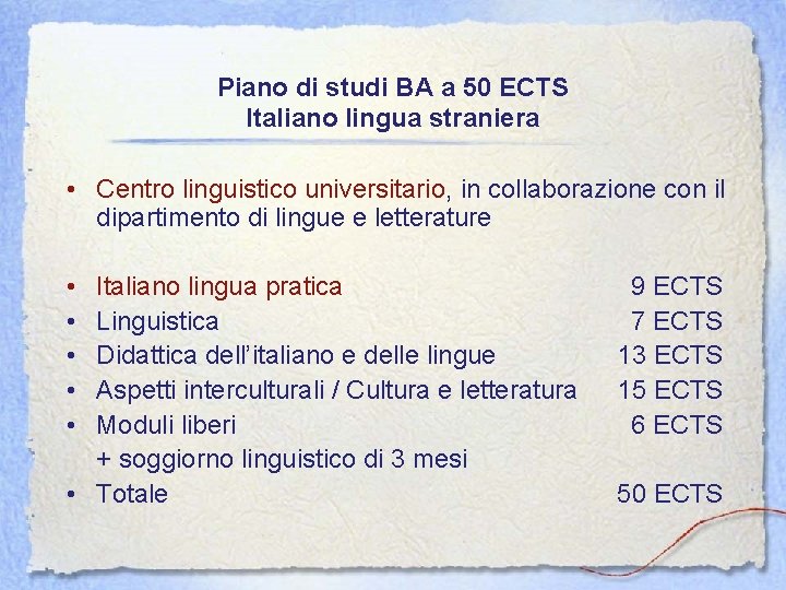 Piano di studi BA a 50 ECTS Italiano lingua straniera • Centro linguistico universitario,