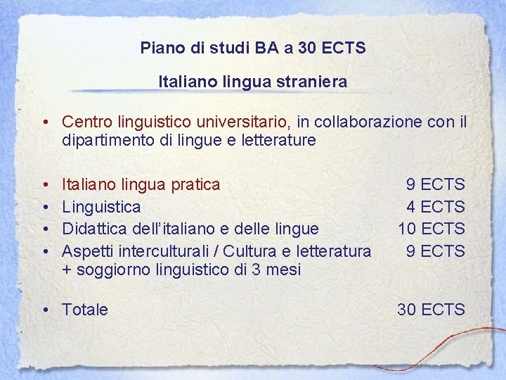 Piano di studi BA a 30 ECTS Italiano lingua straniera • Centro linguistico universitario,