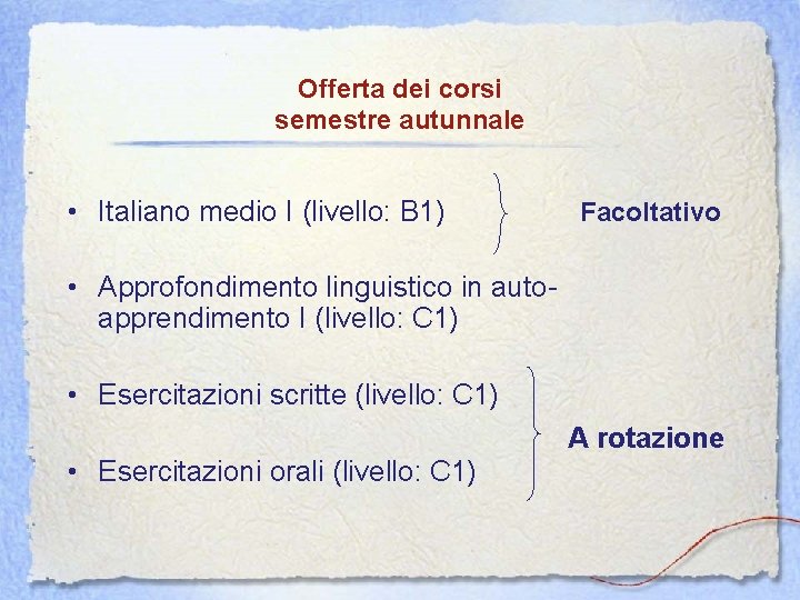 Offerta dei corsi semestre autunnale • Italiano medio I (livello: B 1) Facoltativo •