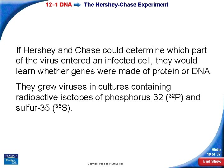 12– 1 DNA The Hershey-Chase Experiment If Hershey and Chase could determine which part