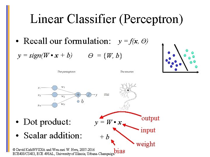 Linear Classifier (Perceptron) • Recall our formulation: y = sign(W • x + b)