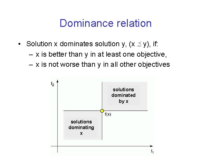 Dominance relation • Solution x dominates solution y, (x y), if: – x is