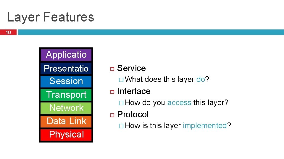 Layer Features 10 Applicatio n Presentatio n Session Transport Network Data Link Physical Service