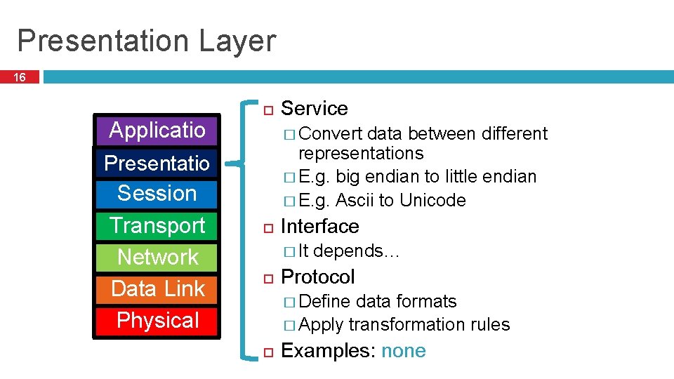 Presentation Layer 16 Applicatio n Presentatio n Session Transport Network Data Link Physical Service