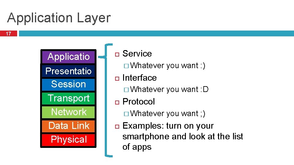 Application Layer 17 Applicatio n Presentatio n Session Transport Network Data Link Physical Service