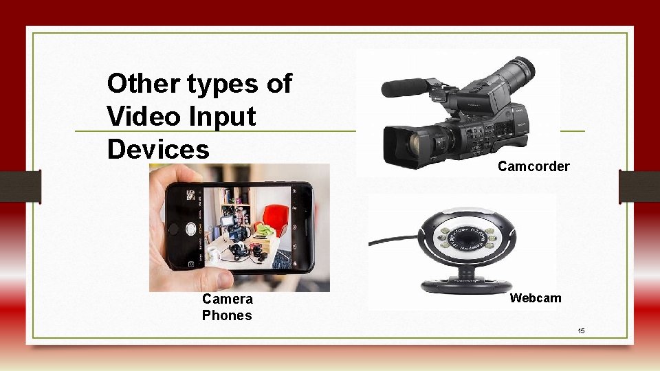 Other types of Video Input Devices Camera Phones Camcorder Webcam 15 