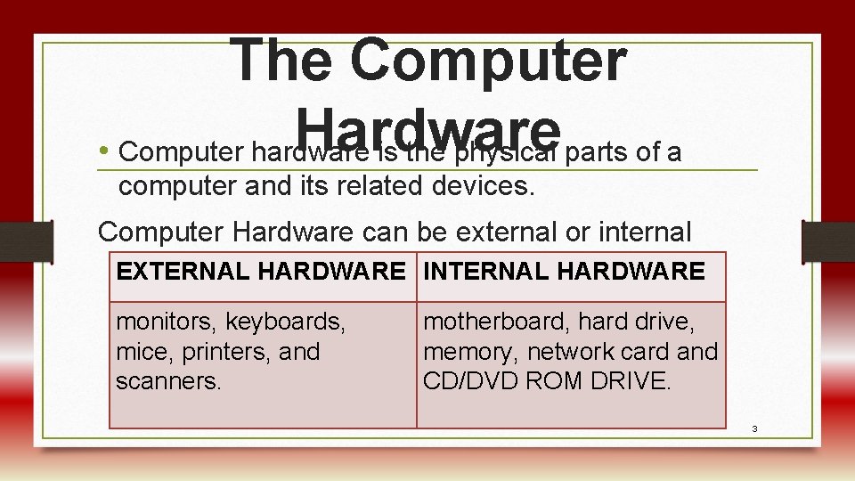 The Computer Hardware • Computer hardware is the physical parts of a computer and