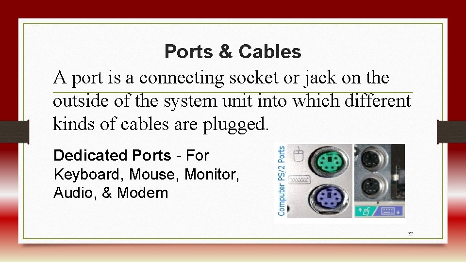 Ports & Cables A port is a connecting socket or jack on the outside
