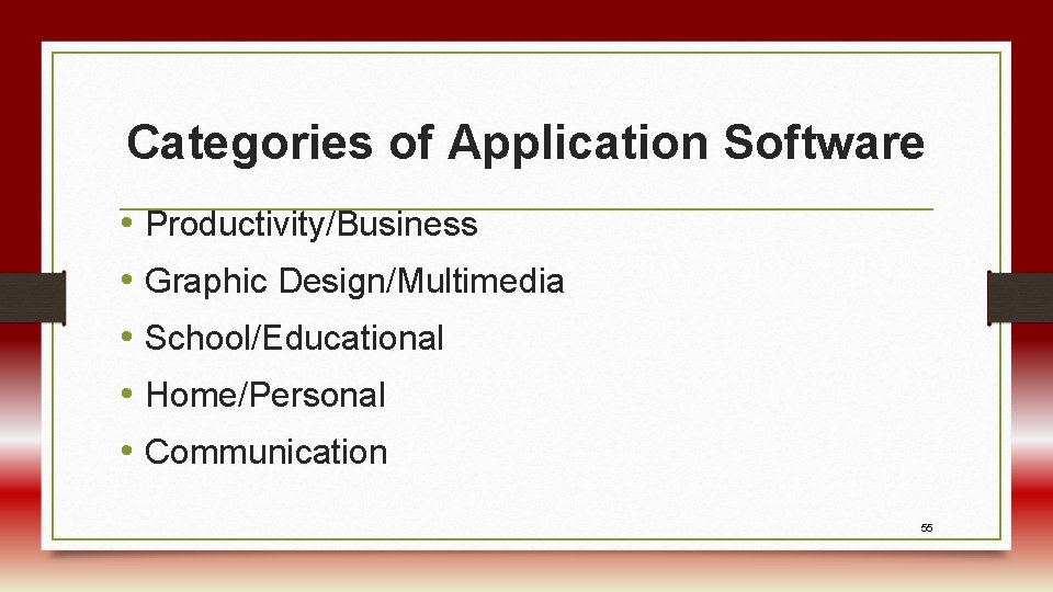 Categories of Application Software • Productivity/Business • Graphic Design/Multimedia • School/Educational • Home/Personal •