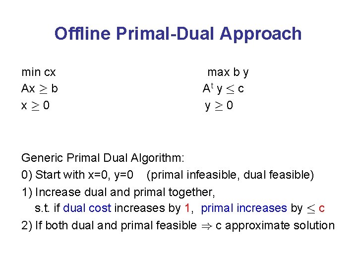 Offline Primal-Dual Approach min cx Ax ¸ b x¸ 0 max b y At