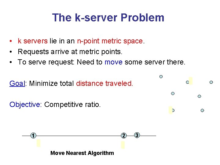 The k-server Problem • k servers lie in an n-point metric space. • Requests