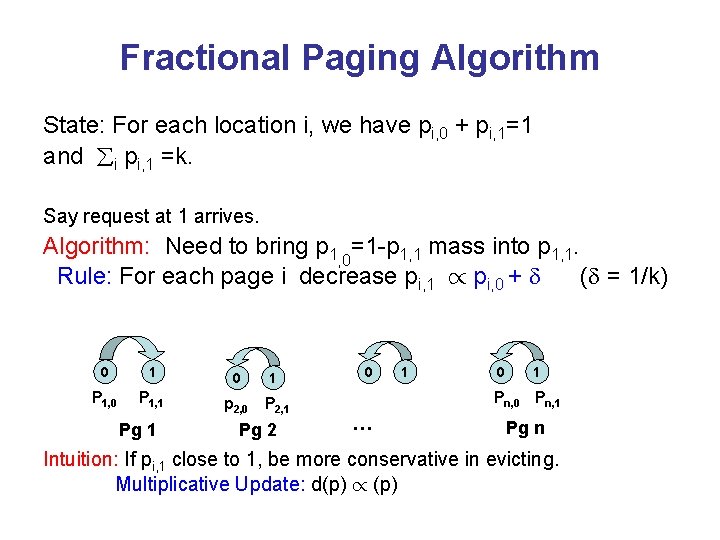 Fractional Paging Algorithm State: For each location i, we have pi, 0 + pi,