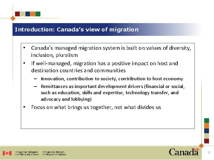 Introduction: Canada’s view of migration • Canada’s managed migration system is built on values