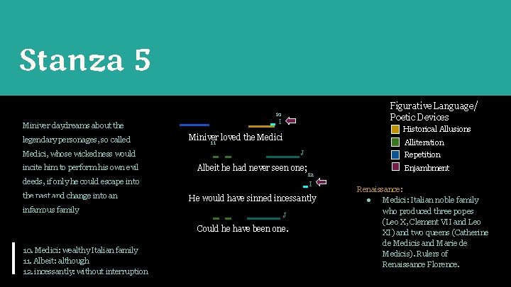 Stanza 5 Figurative Language/ Poetic Devices 10 I Miniver daydreams about the legendary personages,