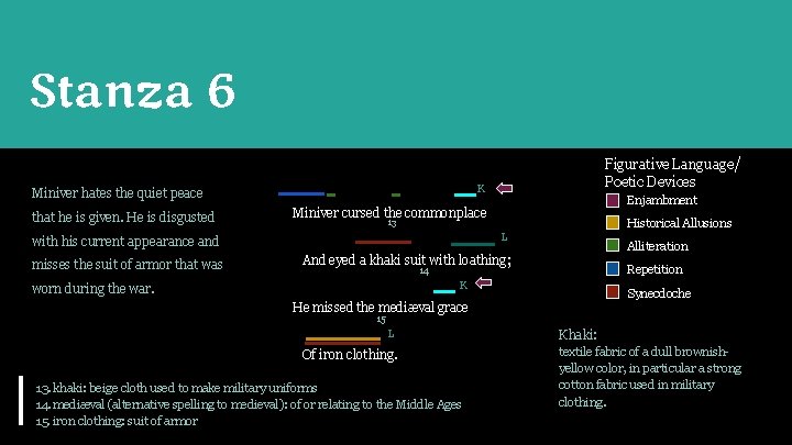 Stanza 6 K Miniver hates the quiet peace that he is given. He is