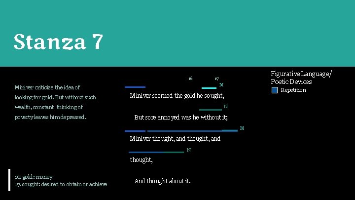 Stanza 7 16 M Miniver criticize the idea of looking for gold. But without