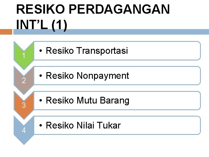 RESIKO PERDAGANGAN INT’L (1) 1 2 3 4 • Resiko Transportasi • Resiko Nonpayment