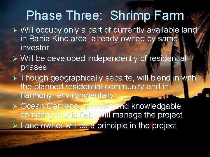 Phase Three: Shrimp Farm Will occupy only a part of currently available land in