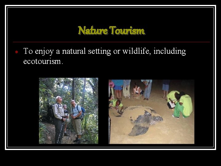 Nature Tourism To enjoy a natural setting or wildlife, including ecotourism. 
