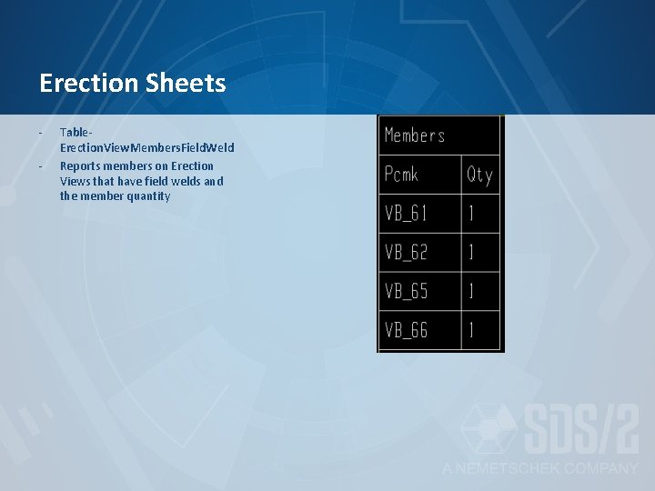 Erection Sheets - Table. Erection. View. Members. Field. Weld Reports members on Erection Views