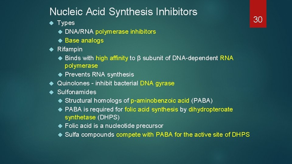 Nucleic Acid Synthesis Inhibitors Types DNA/RNA polymerase inhibitors Base analogs Rifampin Binds with high