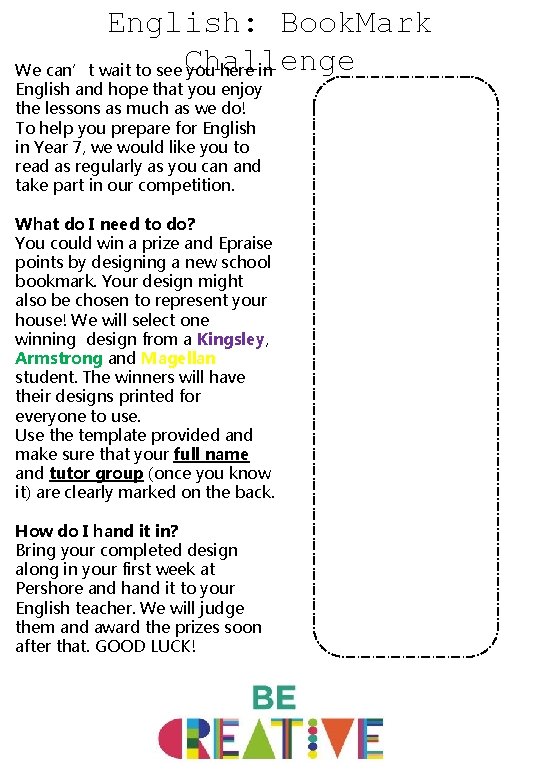 English: Book. Mark We can’t wait to see Challenge you here in English and