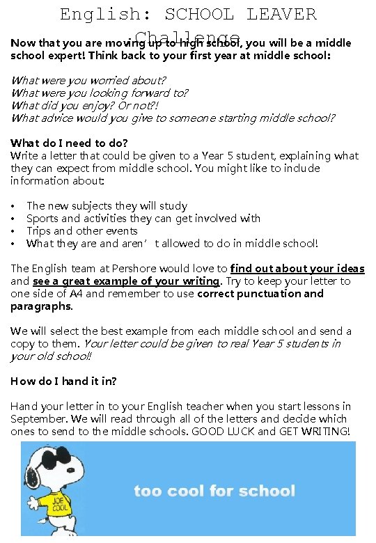 English: SCHOOL LEAVER Challenge Now that you are moving up to high school, you