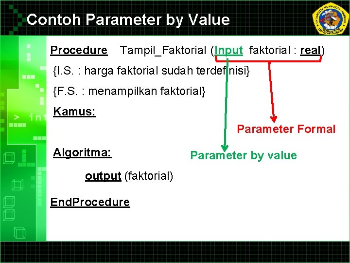 Contoh Parameter by Value Procedure Tampil_Faktorial (Input faktorial : real) {I. S. : harga