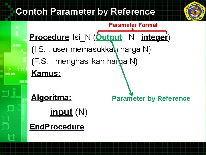Contoh Parameter by Reference Parameter Formal Procedure Isi_N (Output N : integer) {I. S. Contoh Parameter by Reference Parameter Formal Procedure Isi_N (Output N : integer) {I. S.