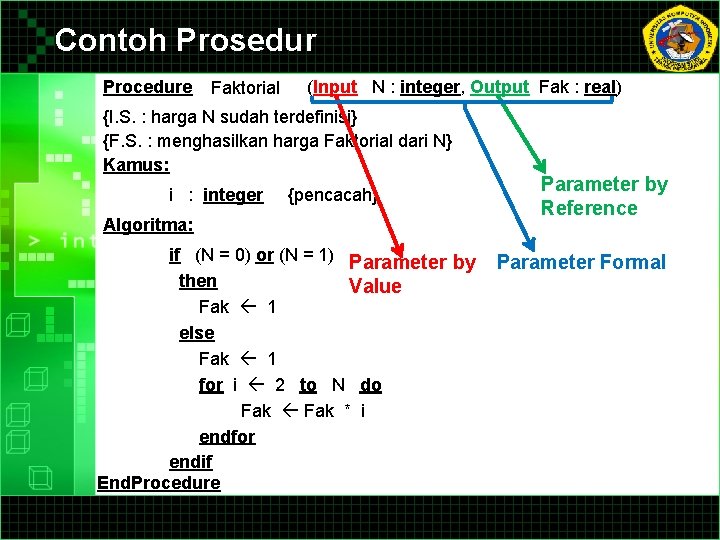 Contoh Prosedur Procedure Faktorial (Input N : integer, Output Fak : real) {I. S.
