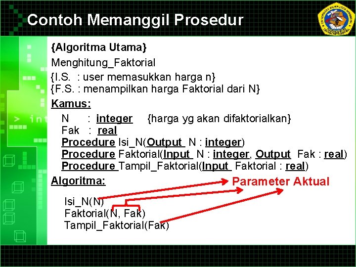 Contoh Memanggil Prosedur {Algoritma Utama} Menghitung_Faktorial {I. S. : user memasukkan harga n} {F.