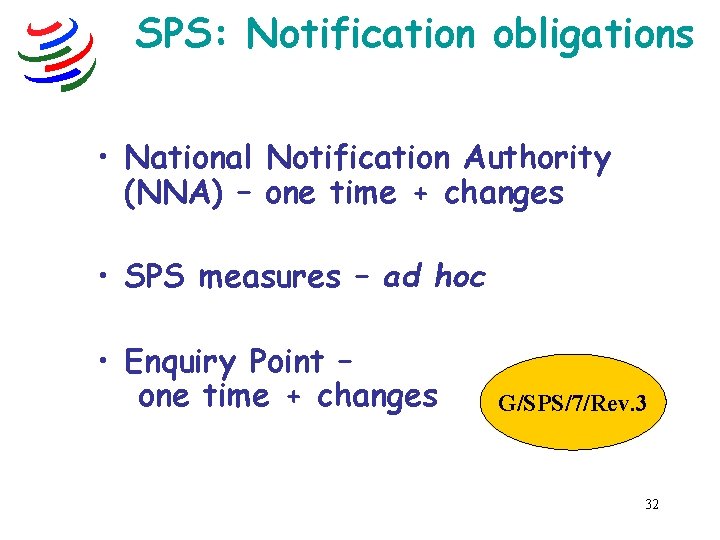 SPS: Notification obligations • National Notification Authority (NNA) – one time + changes •